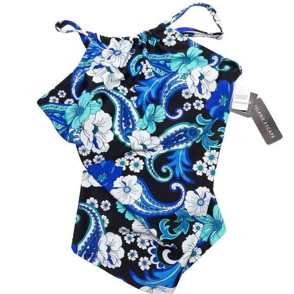 Island Escape Other - Island Escape Women's‎ Size 10 Black Blue Floral Paisley Underwire Tankini Swim